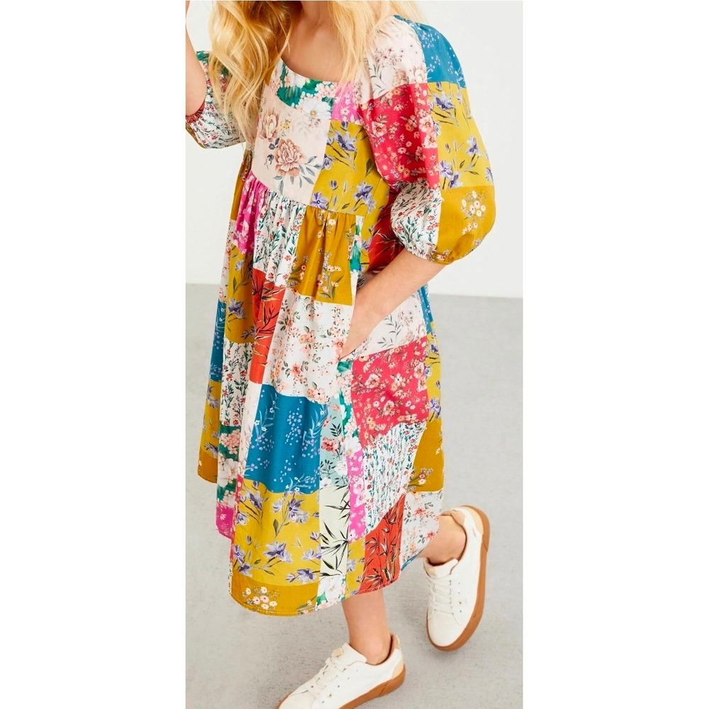 Next Kids Floral Patchwork Puff Sleeve Cut Out Dress Cotton Size 8 M50-045-109